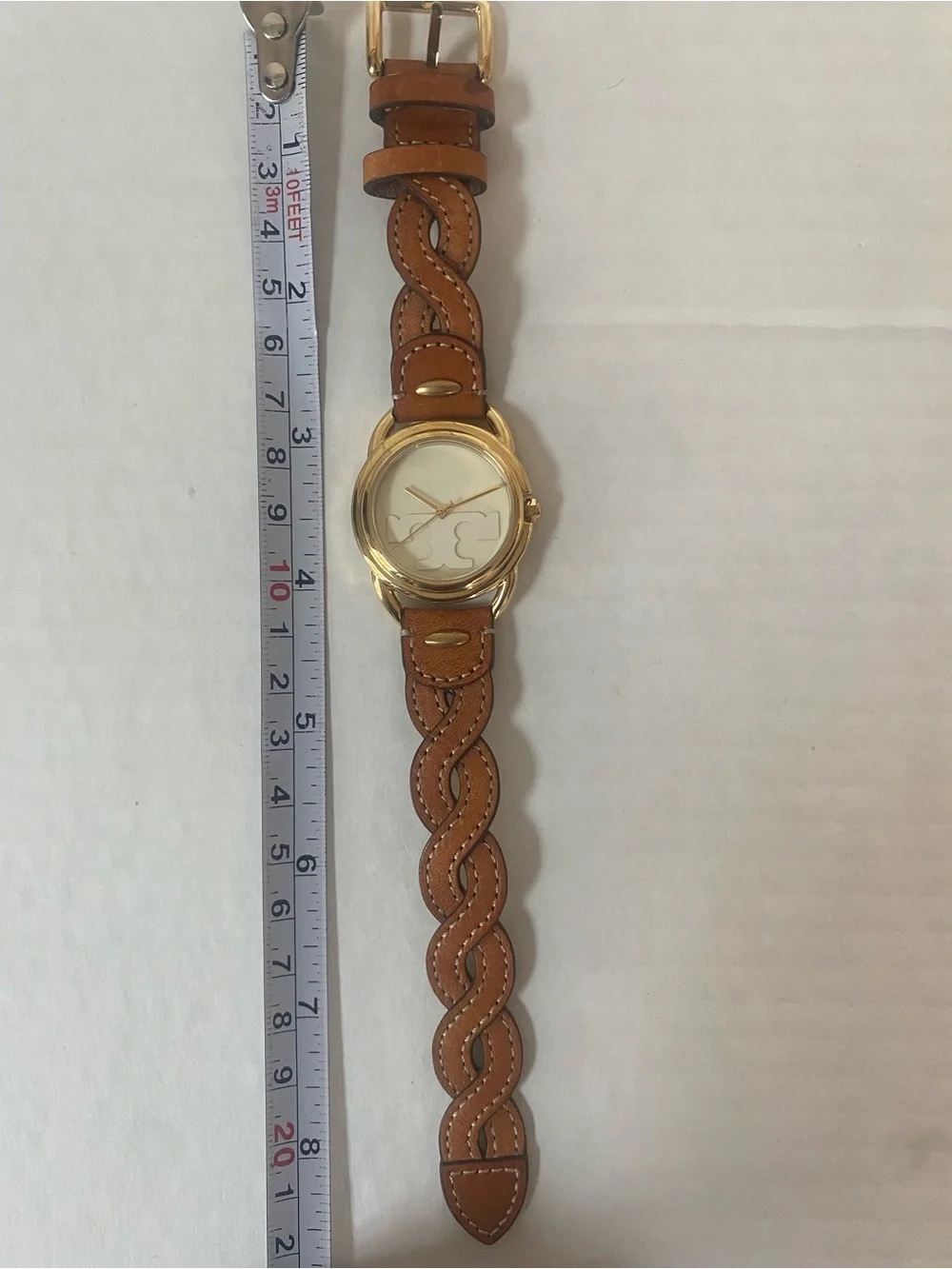 Tory Burch Braided Tan Leather Strap Watch with Gold Case